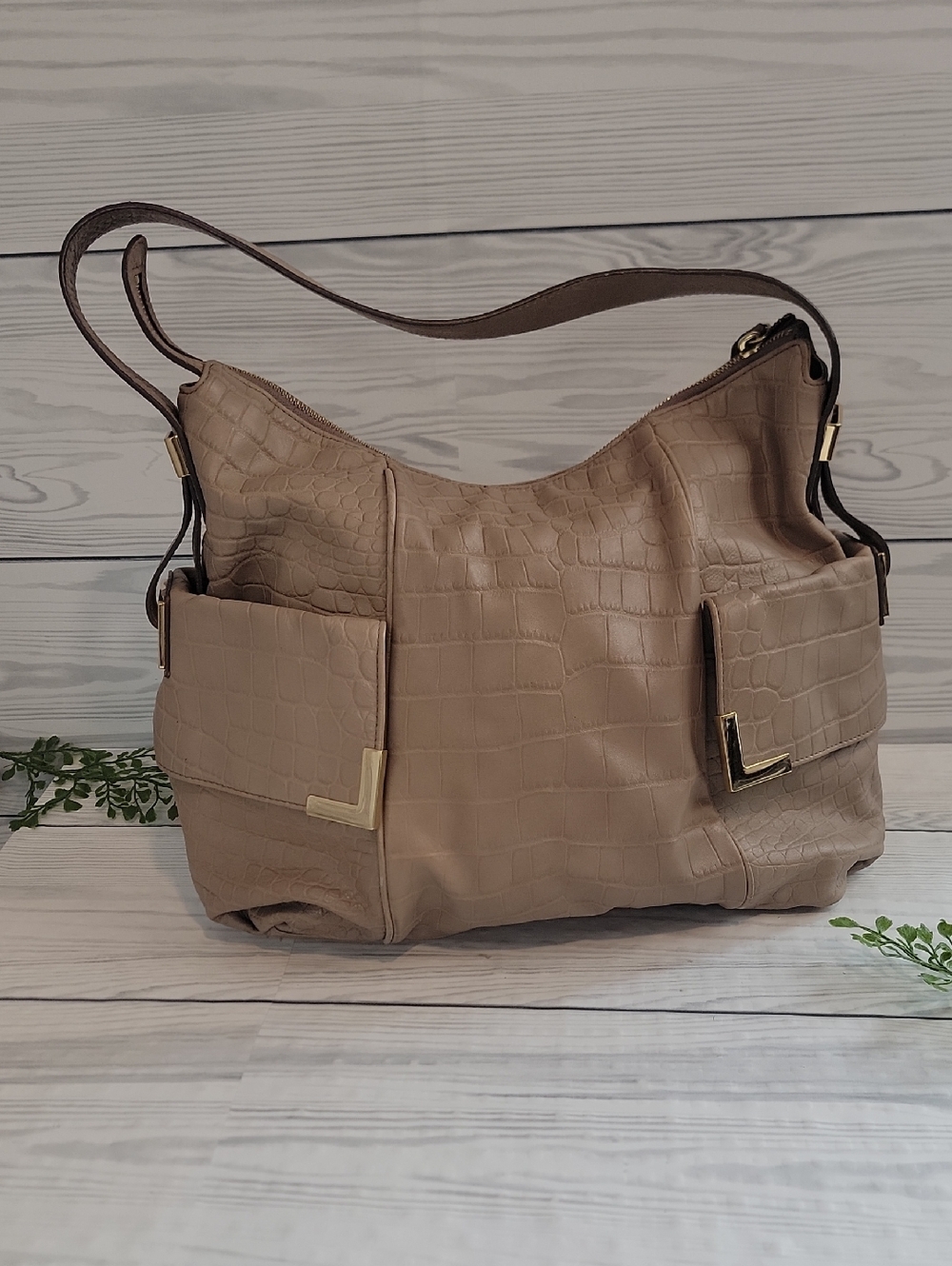Michael Kors Beverly Croc Embossed Taupe Shoulder Bag Large Hobo